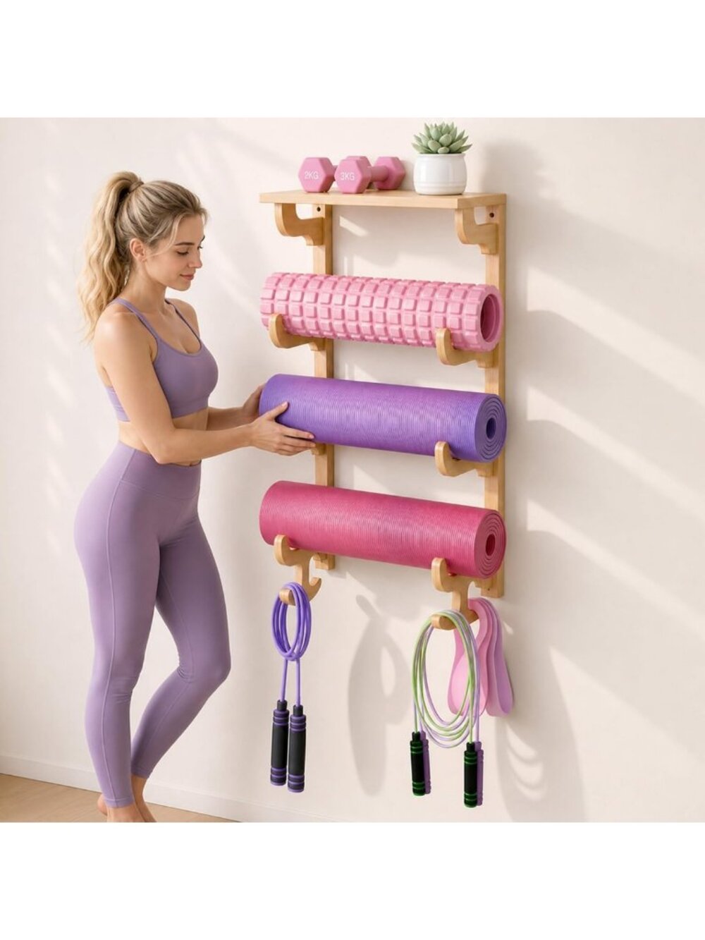 Wall-Mounted Wooden Yoga Mat Holder with Floating Shelves & Foam Roller Storage